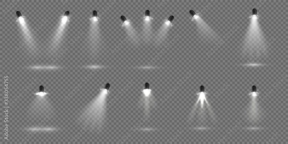 Spotlight for stage. Realistic floodlight set. Illuminated studio spotlights for stage. Vector illustration stage lighting effect for theater or concert backdrop - obrazy, fototapety, plakaty 