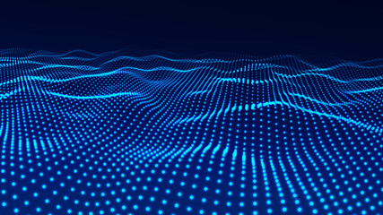 Fototapete - Wave of particles. Abstract background with a dynamic wave. Big data. Futuristic blue vector illustration.