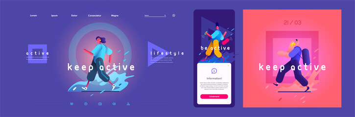Vector flat illustration. People lead active lives. Man walks, woman runs. Website concept and mobile app