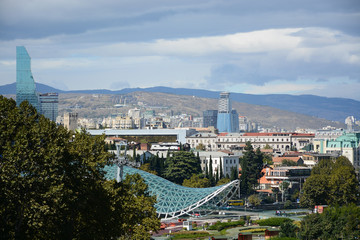 Tbilisi, Georgia - October 4, 2018: View from Metekhi St. Virgin Church and Statue of King Vakhtang Gorgasali