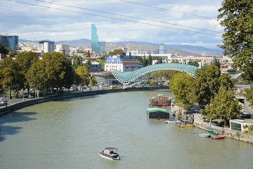 Tbilisi, Georgia - October 4, 2018: View from Metekhi St. Virgin Church and Statue of King Vakhtang Gorgasali