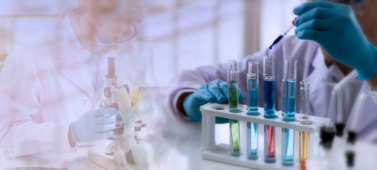 Wall Mural - laboratory concept; scientist use dropper to transfer chemical reagent to test tube. he observe the 