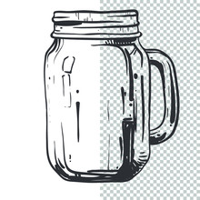 Glass Transparent Vintage Doodle Mason Jar Isolated On The White Background. Vector Hand Drawn Illustration.