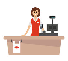 Supermarket Cash Desk And Woman Cashier