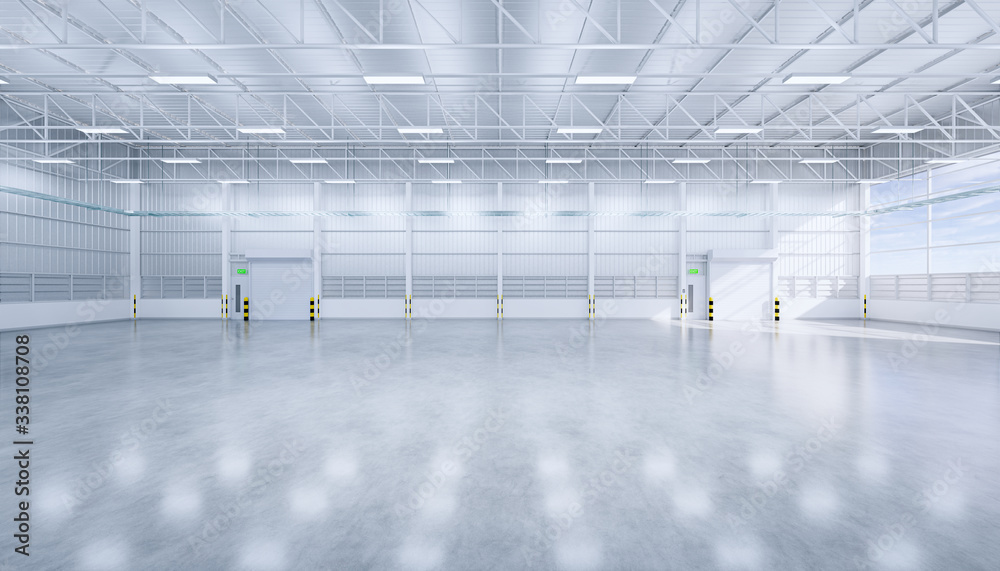 Hangar or industrial building. Protection with security door, roller door or roller shutter. Modern interior design with concrete floor, steel wall and empty space for industry background. 3d render. - obrazy, fototapety, plakaty 