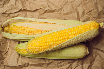 Wall Mural - Boiled corn with tops. Yellow agriculture organic vegetarian fresh summer food close up.