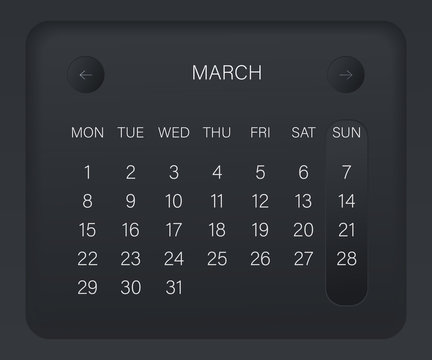Design calendar 2021 year in trendy black style. Monthly sign of the calender for web site design. Vector illustration symbol of a calendar. Week starts from Monday. Stylish black gradient.