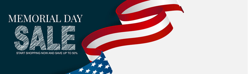 Wall Mural - memorial day banner, website or newsletter header. background with american national flag ribbon. un