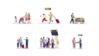 Poster - Airport terminal flat vector illustrations set. Pandemic precaution healthcare check on border. People in medical masks hurry for departure. Airplane passengers isolated cartoon characters kit