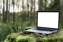 Laptop Outside Concept. Empty Copy Space, Blank Screen Mockup. Soft Focus Laptop In Nature Background. Ecology Travel And Work Outside Office Concept.