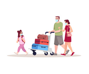 Sticker - Airport departure semi flat RGB color vector illustration. Parents with daughter in medical masks. Caucasian family with baggage cart. Passengers isolated cartoon characters on white background