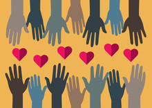 Sharing Love. Hands And Hearts. People Or Volunteers Sharing Love, Hope Or Solidarity. All United. 