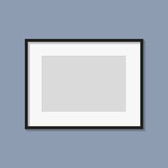 Wall Mural - Black photo or picture frame with white mat and shades isolated on dark gray background. Vector illustration. Wall decor. Rectangle horizontal photo frame