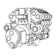 Vector illustration of a geometric polygonal V8 engine. Linear engine.