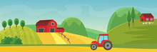 Rural Landscape Panorama With Farm Cartoon Flat Vector Illustration Concept. Panoramic Countryside Fields, Trees, High Hills, Red Houses. Tractor On Dirt Road Outroad In Foreground