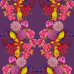 Creative seamless pattern with hand drawn chinese art elements: phoenix, lantern, fan and flowers. Trendy print. Fantasy chinese phoenix, great design for any purposes. Asian culture. Abstract art.