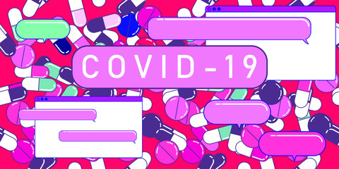 Sticker - Conceptual illustration for  Coronavirus Disease 2019 (COVID-19) Quarantine. Heap of pills and tablets on pink background.