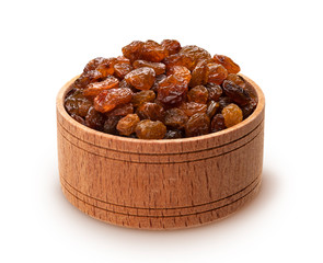 Wall Mural - Raisins in wooden bowl isolated on white background