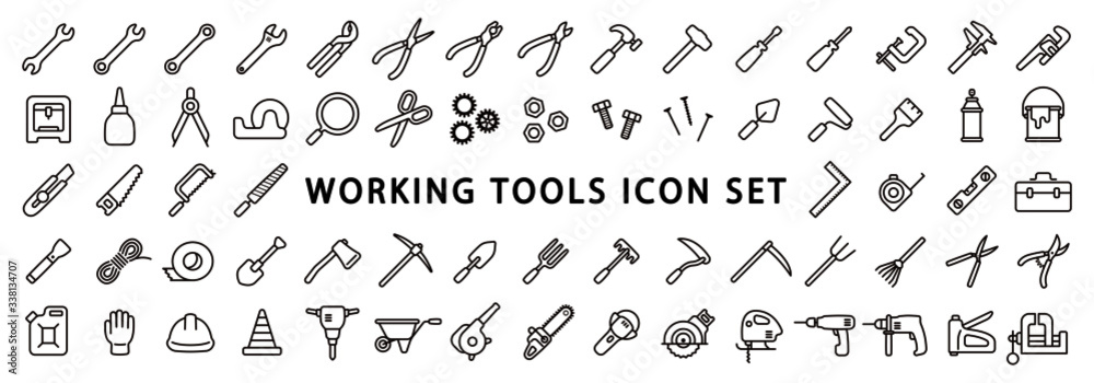 Big Set of Working Tools Icon (Thin Line Version) - obrazy, fototapety, plakaty 