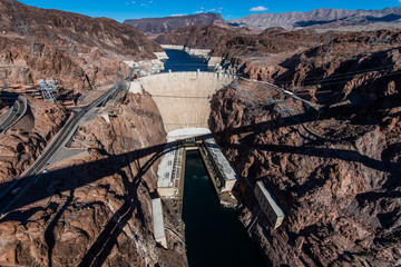 View from the Mike O'Callaghan - Pat Tillman Memorial Bridge of the famous Hoover Dam near Las Vegas, Nevada.