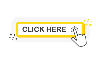 Aufkleber - Click here yellow 3D button with hand pointer clicking. White background. Vector