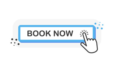 Poster - Book now blue 3D button with hand pointer clicking. White background. Vector