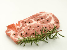 Raw Steak With Spices. Ingredients For Restaurant Meal. Fresh Meat, Salt, Rosemary, Black White Pepper.