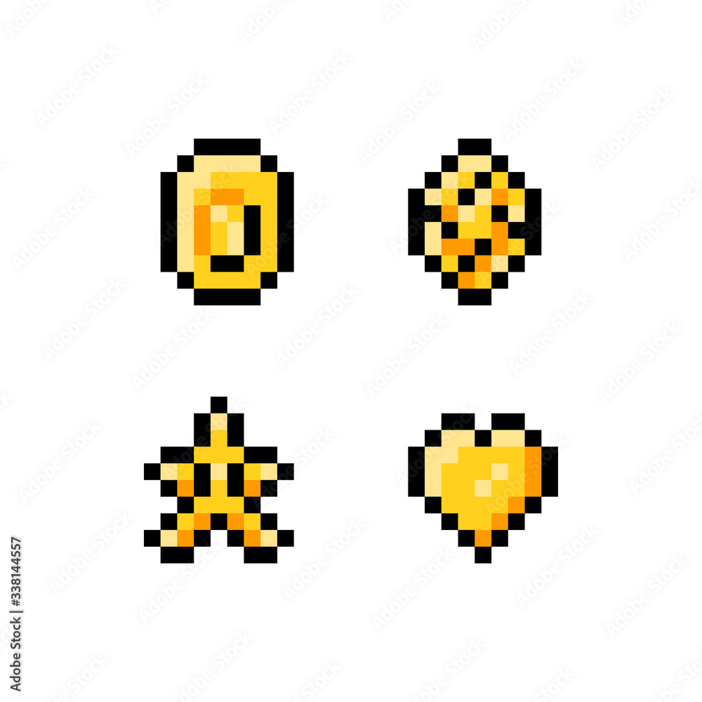 Pixel art vector illustration icon set. Golden yellow objects for game ...