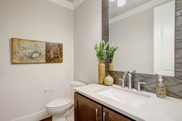 Wall Mural - White bathroom interior with vanity cabinet and a toilet. Luxury American modern home.