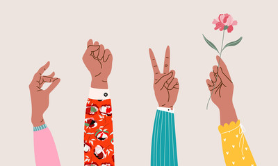 Set of hands showing different gestures and holding flowers. Feminism. Female hands in trendy clothes. Variety of women's wrists. Modern hand-drawn vector illustration for web banner, card design. 