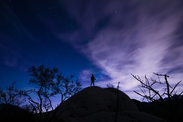 Wall Mural - man stargazing while standing on hilltop
