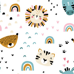 Sticker - Rainbow africa. Seamless pattern with cute animals faces. Childish print for nursery in a Scandinavian style. For baby clothes, interior, packaging. Vector cartoon illustration in pastel colors.