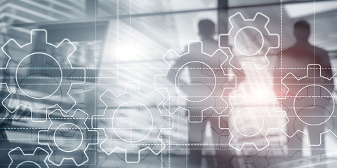 Wall Mural - gears mechanism on virtual screen. business people and modern city on background.