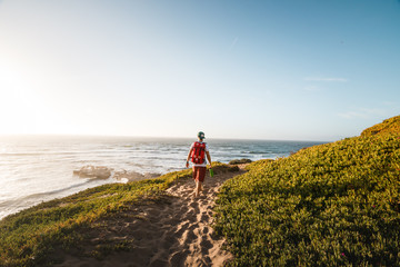 Wall Mural - rear view of hiker walking on coastal path