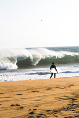 Wall Mural - rear view of man with surfboard walking on newport beach