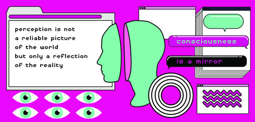 Poster - Surreal vaporwave style collage with head splitted in two parts and user interface elements, frames, file icons. Transgressive conceptual modern art.
