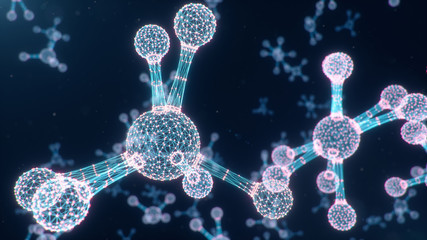 Poster - digital molecules, atoms bacground. grid structure, connection lines and dots. molecule chemistry of