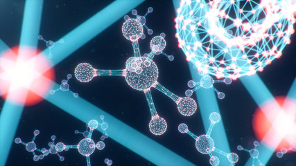 Poster - digital molecules, atoms bacground. grid structure, connection lines and dots. molecule chemistry of