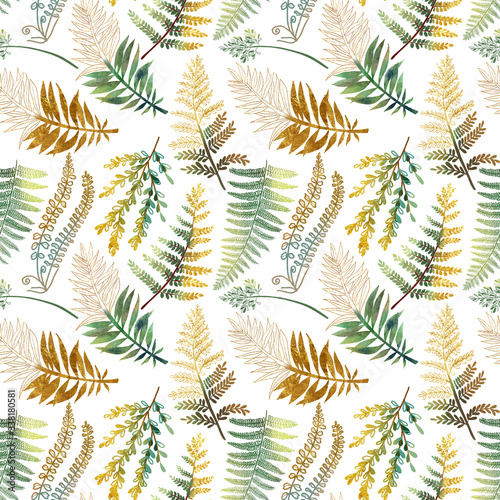 Seamless pattern with hand drawn green and golden fern branches and leaves on...