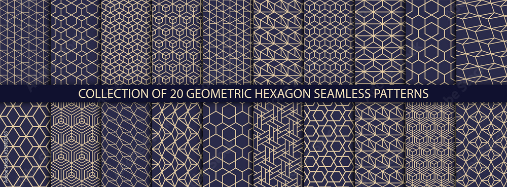 Collection of hexagonal patterns. Vector geometric textures. Abstract ornamental backgrounds - obrazy, fototapety, plakaty 