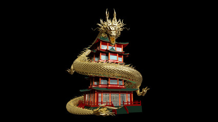 Wall Mural - the gold chineses dragon move around red chinese pagoda with 3d rendering include alpha clipping pat