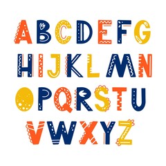 Poster - Funny kids alphabet with hand drawn elements in scandinavian style for poster, kids nursery, font, letters design. Vector illustration isolated on background.