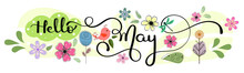 Hello May. MAY Month Vector With Flowers, Birds And Leaves. Decoration Floral. Illustration Month May