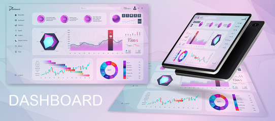 Wall Mural - Beautiful dashboard UI. Modern pink purple admin panel with data graphics and diagrams, clean and simple app interface. Dashboard UI, UX, KIT. Analytics panel Mockup. Vector illustration 