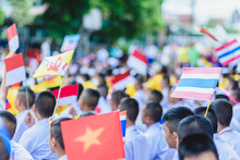 Celebrate ASEAN Day Falls On Aug. 8,Students Hand Holding Carry The Flag Of Of The Association Of Southeast Asian Nations,Celebrating 47 Years Of ASEAN