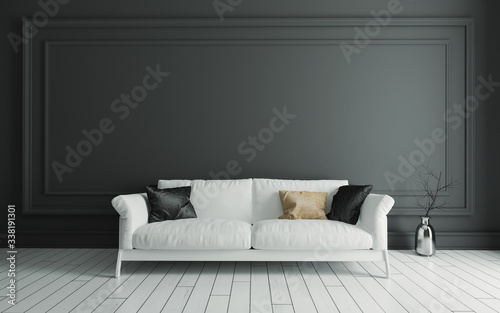 Photographie sofa on white wooden floor and classic frame wall realistic 3D rendering