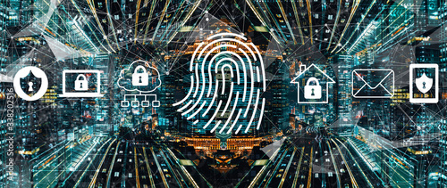 Fotografía Fingerprint scanning theme with abstract Tokyo night cityscape