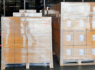 Wall Mural - Interior of storage warehouse, stack of package boxes on pallets, cargo export, warehouse industry delivery shipment goods, logistics, transport