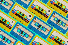 Pattern Of Old Colorful Cassette Audio Tape, Blue And Yellow Color Background