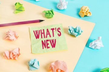 Wall Mural - Writing note showing What S Is New. Business concept for Asking about latest Updates Trends and Happening News Colored crumpled papers empty reminder blue yellow clothespin